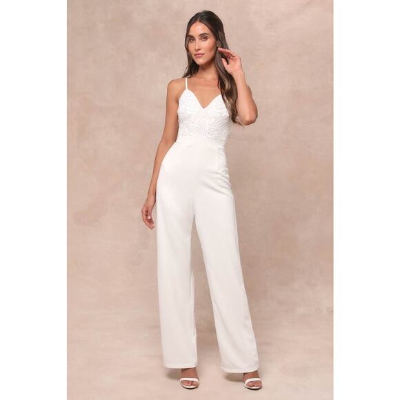 Lulus Pants - NWT Lulus Memorable Occasion White Beaded Sequin Wide-Leg Jumpsuit Glam Bling S